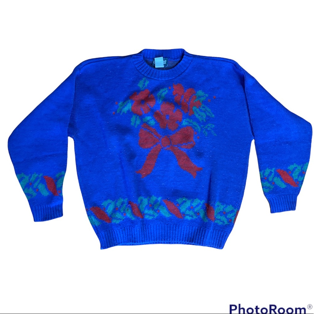 Womens vintage christmas sweater Blue W/ Red Bow & Holly Sz L Made In USA